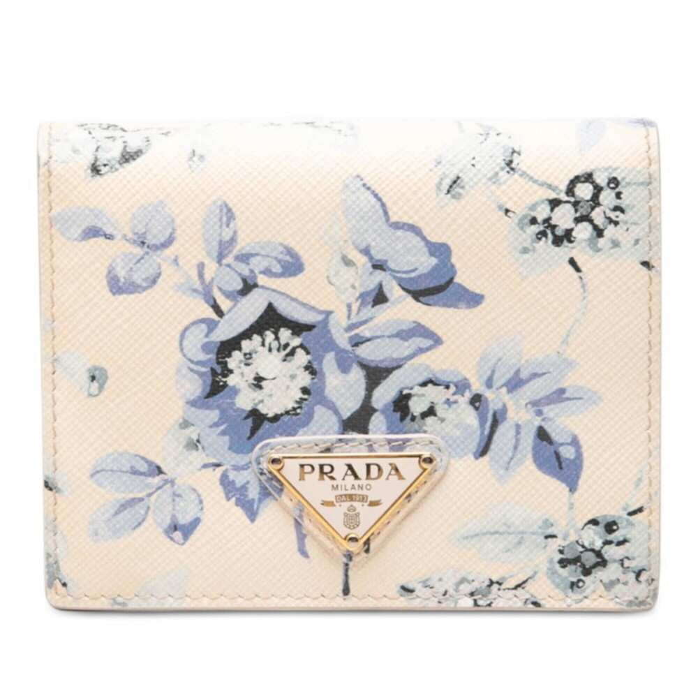 Prada Triangle Logo Plate Flower Print Bi-fold Wallet Pink/Blue Saffiano Leat...